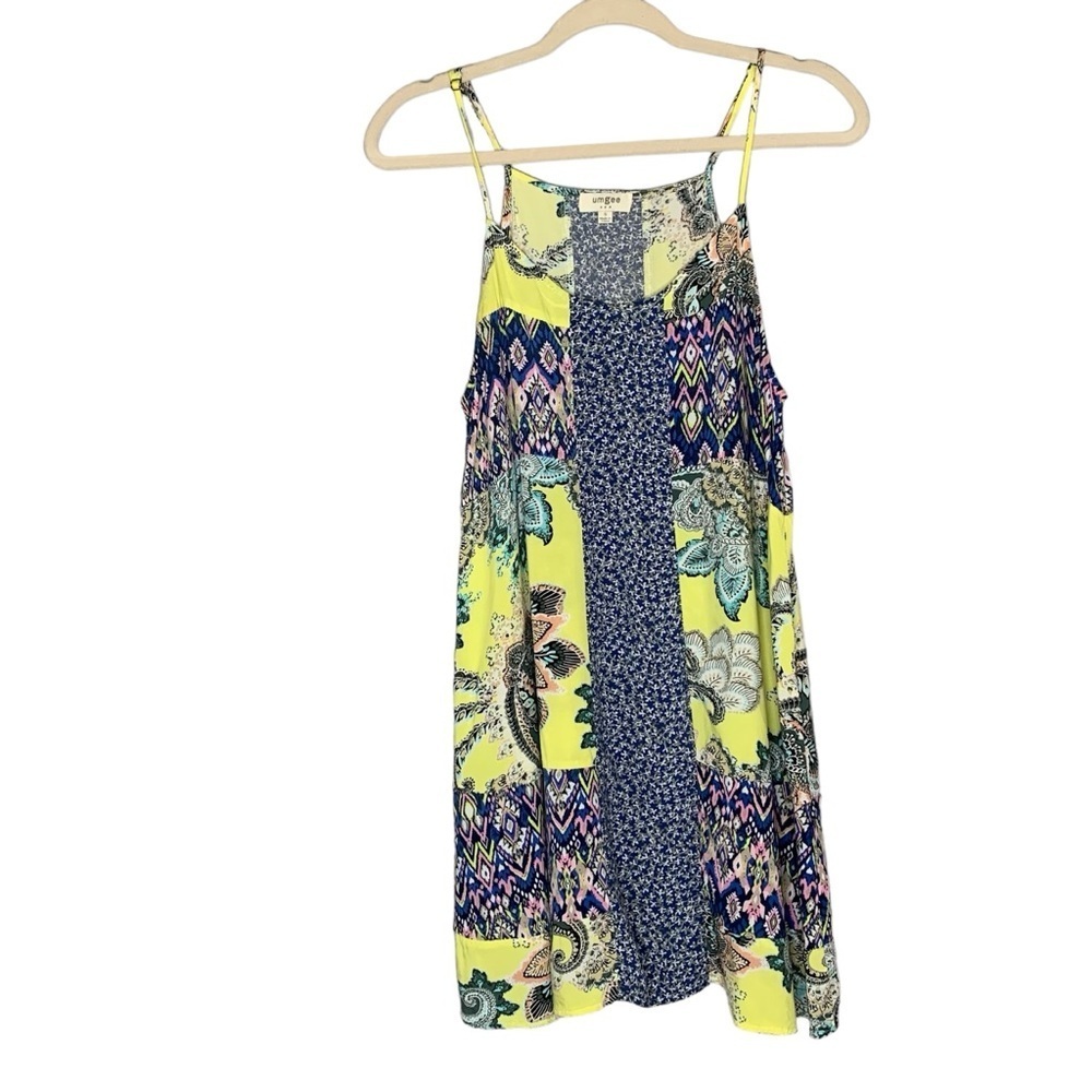 UMGEE blue and yellow paisley Aztec patchwork spaghetti strap sundress. Size S‎